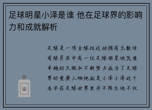 足球明星小泽是谁 他在足球界的影响力和成就解析