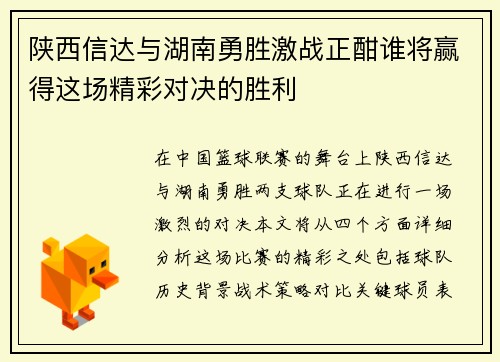 陕西信达与湖南勇胜激战正酣谁将赢得这场精彩对决的胜利