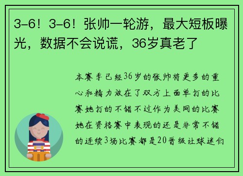 3-6！3-6！张帅一轮游，最大短板曝光，数据不会说谎，36岁真老了